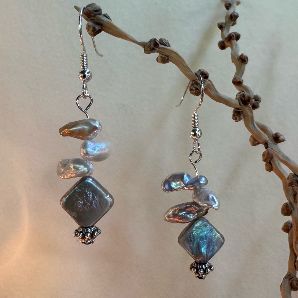 Handmade Freshwater Baroque Square Irregular Keshi Stick Pearl Dangle Earrings
